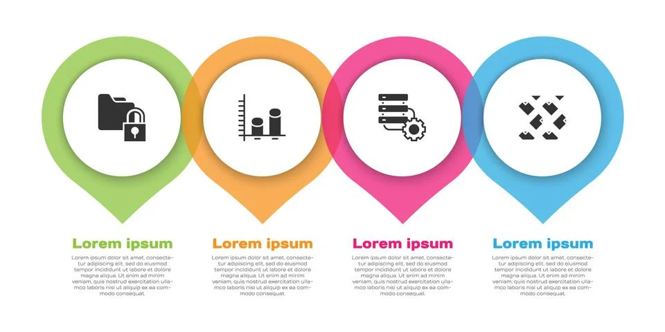 Set Folder and lock, Data analysis, Server gear and stream. Business infographic Stock Illustration