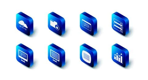 Set Folder and lock, Data analysis, Server, Pie chart infographic, Binary c.. Stock Illustration