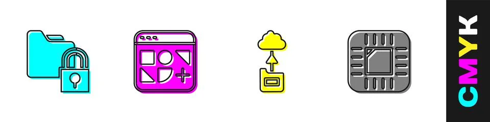 Set Folder and lock, Different files, Cloud technology data transfer and Stock Illustration