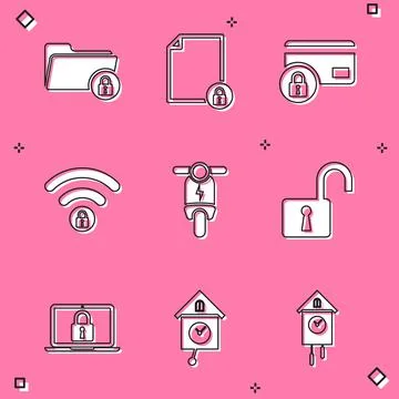 Set Folder and lock, Document, Credit card with, Wifi locked, Electric scooter Stock Illustration
