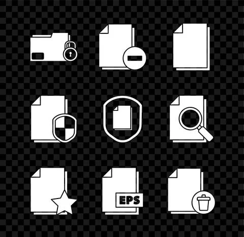 Set Folder and lock, Document with minus, star, EPS file document, Delete, pr Illustrazione stock