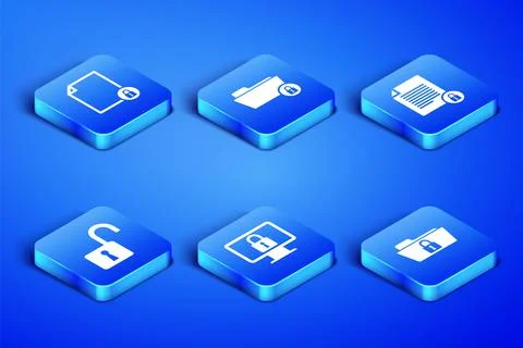 Set Folder and lock, Document, Lock on monitor, Open padlock, and icon. Vector Stock Illustration