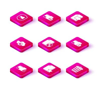Set Folder and lock, Document with star, Add cloud, protection concept, Trash Stock Illustration