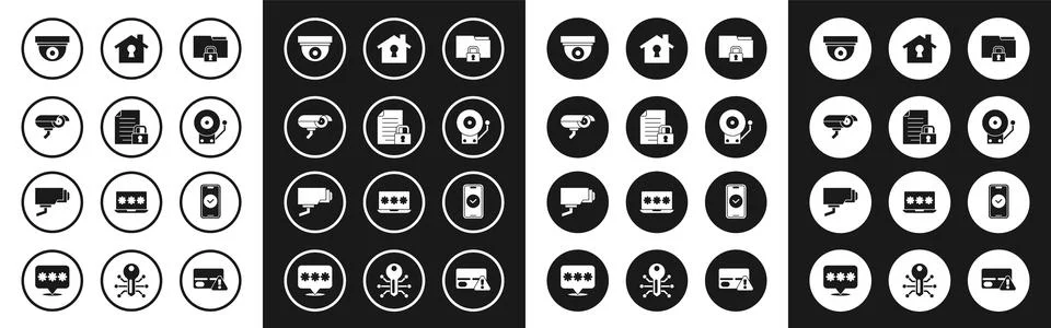 Set Folder and lock, Document, Security camera, Ringing alarm bell, House u.. Illustrazione stock
