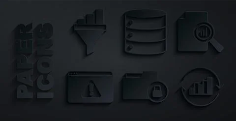 Set Folder and lock, Document with graph chart, Browser exclamation mark, P.. 스톡 일러스트
