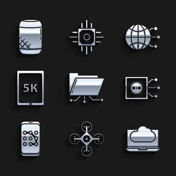 Set Folder and lock, Drone, Cloud technology data transfer storage, Remote Stock Illustration