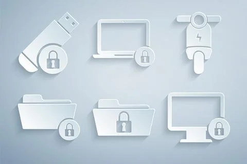 Set Folder and lock, Electric scooter, , Lock on monitor, Laptop and USB flash Stock Illustration