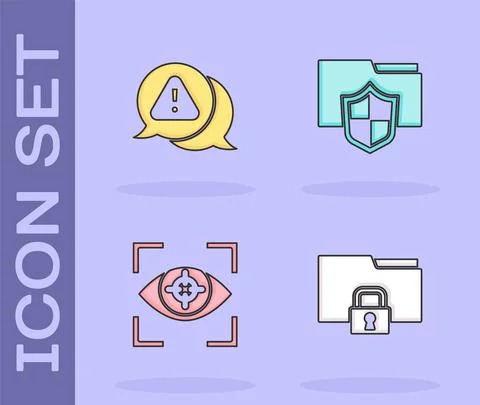Set Folder and lock, Exclamation mark in triangle, Eye scan and Document folder Stock Illustration