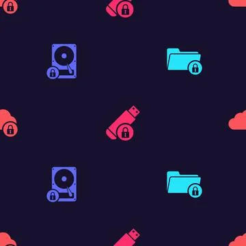 Set Folder and lock, Hard disk drive, USB flash with and Cloud computing on Ilustração Stock