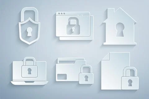 Set Folder and lock, House under protection, Laptop, Document, Secure your site イラスト素材