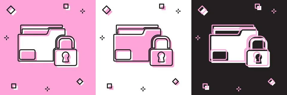 Set Folder and lock icon isolated on pink and white, black background. Clos.. Stock Illustration