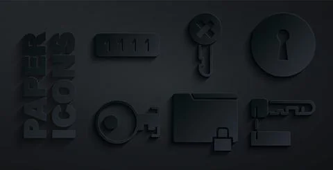Set Folder and lock, Keyhole, Marked key, Wrong and Password protection icon Stock Illustration