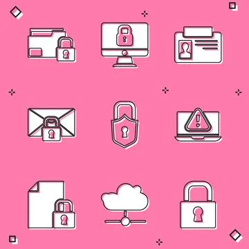 Set Folder and lock, Lock on computer monitor, Identification badge, Mail Stock Illustration