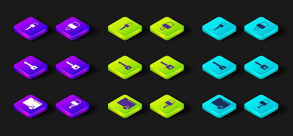 Set Folder and lock, Lock picks for picking, Key, key and Unlocked icon. Vector Stock Illustration
