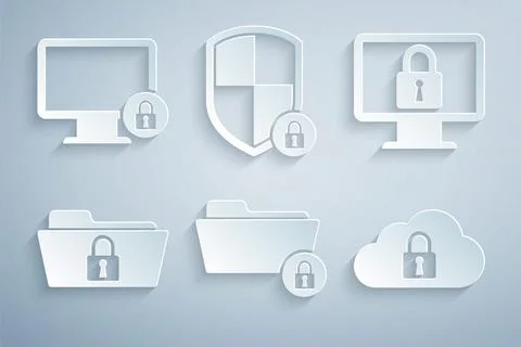 Set Folder and lock, Lock on monitor, , Cloud computing, Shield security with Stock Illustration