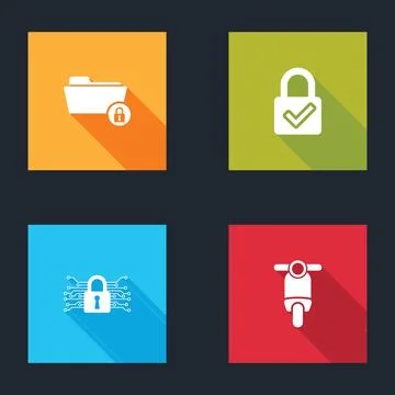 Set Folder and lock, Lock check mark, Cyber security and Scooter icon. Vector 스톡 일러스트