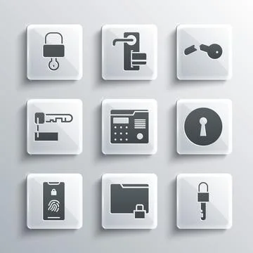 Set Folder and lock, Locked key, Keyhole, House intercom system, Mobile wit.. Illustrazione stock