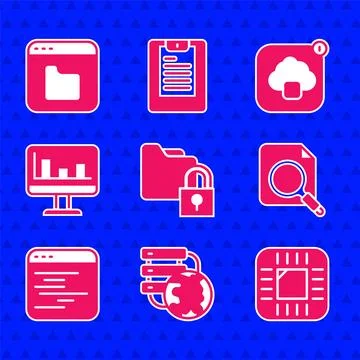 Set Folder and lock, Network cloud connection, Processor with CPU, Search 库存插图