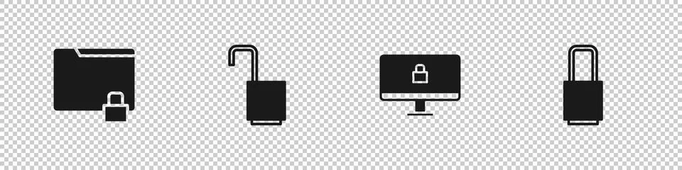 Set Folder and lock, Open padlock, Lock on computer monitor and icon. Vector Stock Illustration