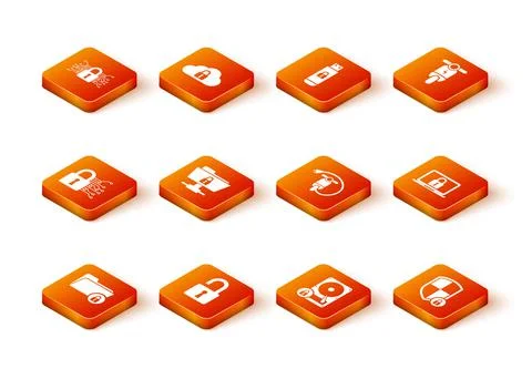 Set Folder and lock, Open padlock, Cyber security, FTP folder, Hard disk drive Stock Illustration