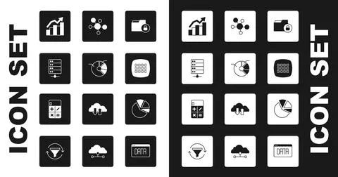 Set Folder and lock, Pie chart infographic, Server, Financial growth, Binary Stock Illustration