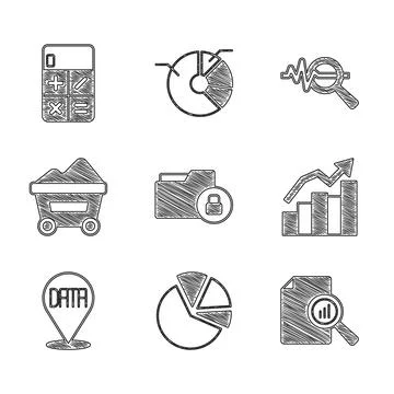 Set Folder and lock, Pie chart infographic, Document with, Financial growth Illustrazione stock