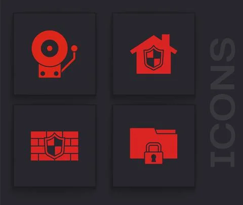 Set Folder and lock, Ringing alarm bell, House under protection and Shield with Stock Illustration