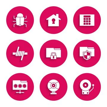 Set Folder and lock, Security camera, Ringing alarm bell, Document folder Illustrazione stock