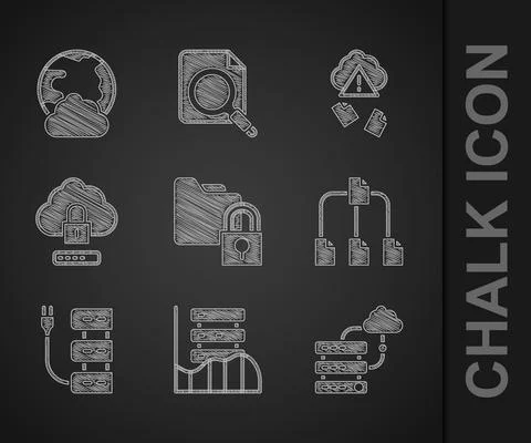Set Folder and lock, Server, Data, Web Hosting, Network cloud connection, tree Illustrazione stock