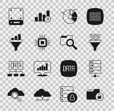 Set Folder and lock, Server, Binary code, Pie chart infographic, Processor CPU Illustrazione stock