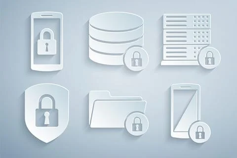 Set Folder and lock, Server security with, Shield, Smartphone, and icon. Vect Illustrazione stock
