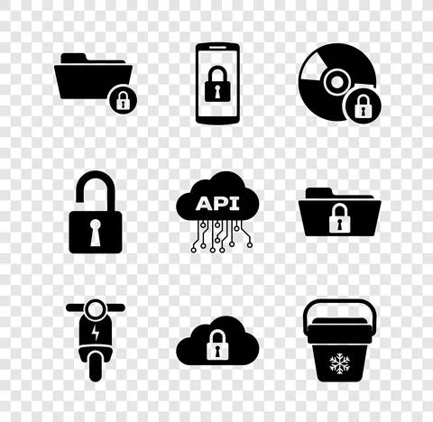 Set Folder and lock, Smartphone with, CD or DVD disk, Electric scooter, Cloud Illustrazione stock
