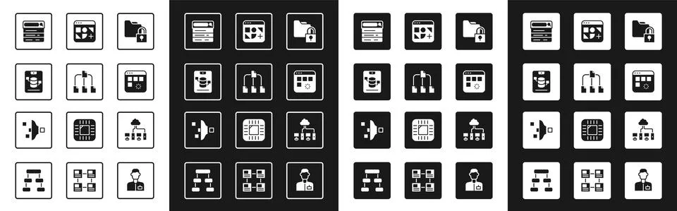 Set Folder and lock, tree, Server, Data, Web Hosting, Search engine, Loading Stock Illustration