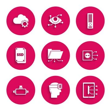 Set Folder and lock, Virtual reality glasses, Tablet, Remote control, SSD c.. Illustrazione stock