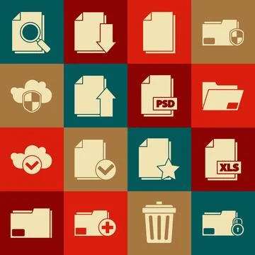 Set Folder and lock, XLS file document, Document folder, Upload, Cloud shield 스톡 일러스트