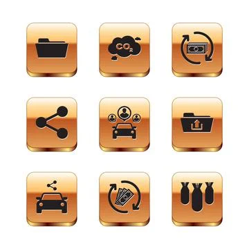 Set Folder, Car sharing, Refund money, , Share and icon. Vector Stock Illustration