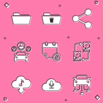 Set Folder, Delete folder, Share, Car sharing, Financial calendar and Data Stock Illustration