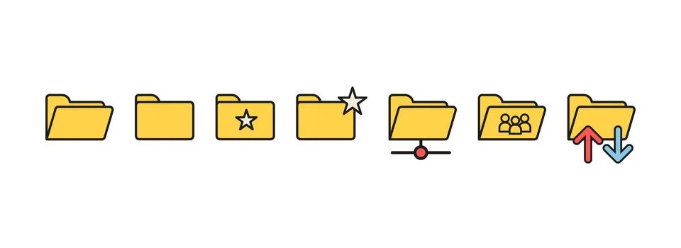 Set of folder icons in vintage computer interface style. Digital storage Stock Illustration