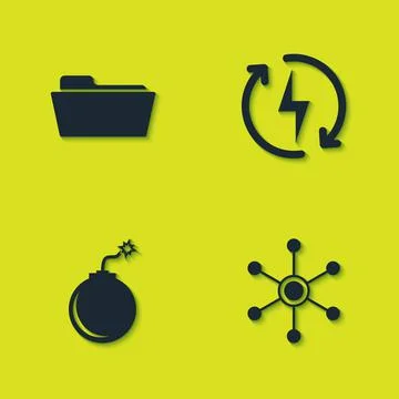Set Folder, Network, Bomb ready to explode and Recharging icon. Vector Stock Illustration