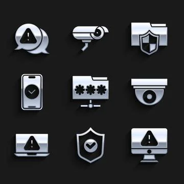 Set Folder with password, Shield check mark, Monitor exclamation, Security Stock Illustration