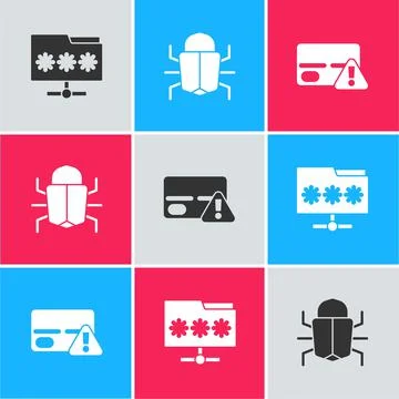 Set Folder with password, System bug and Credit card icon. Vector Stock Illustration
