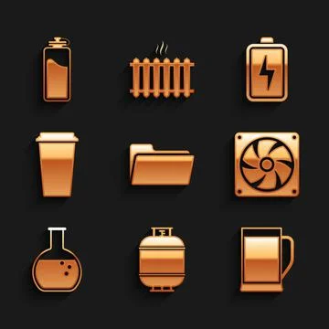 Set Folder, Propane gas tank, Glass of beer, Computer cooler, Test tube and Illustrazione stock