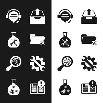 Set Folder service, Bioengineering, Headphones with speech bubble chat, Upl.. Stock Illustration