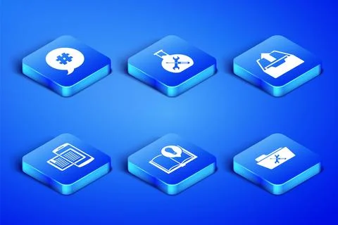 Set Folder service, Hashtag speech bubble, Interesting facts, Smartphone and Stock Illustration