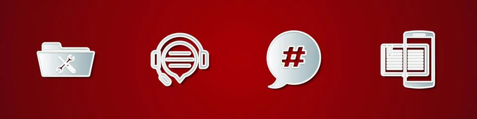 Set Folder service, Headphones with speech bubble chat, Hashtag and Smartphone Stock Illustration