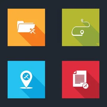 Set Folder service, Route location, Location and File document icon. Vector Stock Illustration