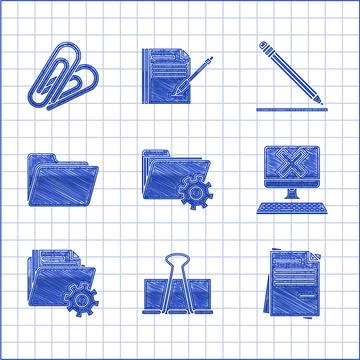 Set Folder settings with gears, Binder clip, File document, Computer keyboard Illustrazione stock