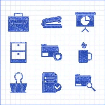 Set Folder settings with gears, Cup of tea leaf, Binder clip, Archive papers 스톡 일러스트