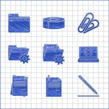 Set Folder settings with gears, File document and paper clip, Pencil eraser line イラスト素材