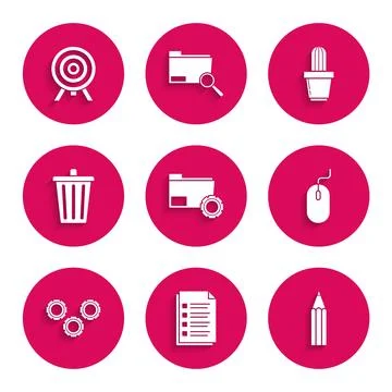 Set Folder settings with gears, File document, Pencil, Computer mouse, Gear.. Stock Illustration